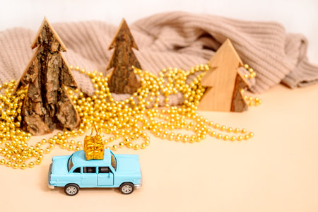 Christmas holiday concept with pine tree on toy car.の写真素材