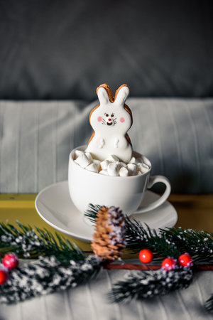 Christmas Cup of cocoa with marshmallows, delicious New Years cookies on w bed. Winter concept. Cozy sweet home. Nobody Indoor.の写真素材