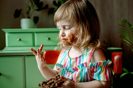 Cute curly redhead baby child shows and licks hands smeared by chocolate.Cute girl eats a bell at home. all dirty, stained with sweets. July 7 chocolate day.Indoor plants, green leaves.の写真素材