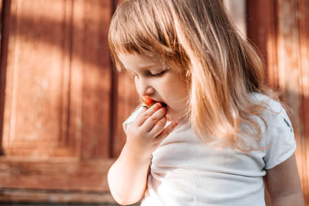 Child with food. Healthy eating Strawberryの写真素材