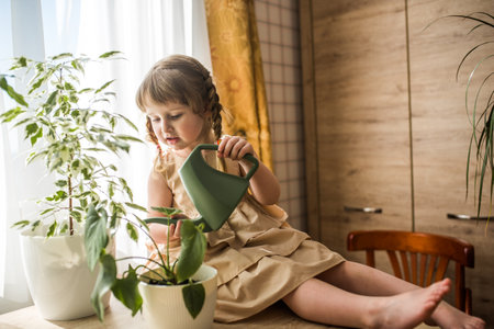 A cute baby girl takes care of houseplants. Girl watering and spraying indoor plants at homeの写真素材