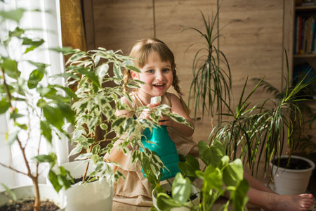 A cute baby girl takes care of houseplants. Girl watering and spraying indoor plants at homeの写真素材