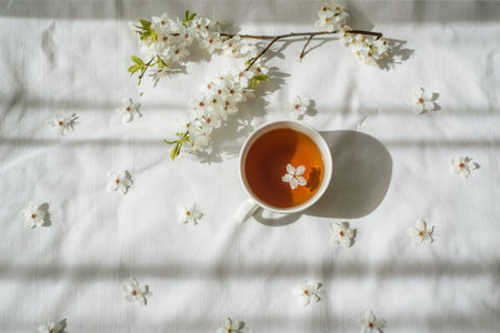 Colorful bright floral pattern with tea cup. Flat lay.の写真素材