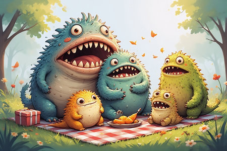 Funny monsters having a picnic in the forest. Vector illustration.の素材