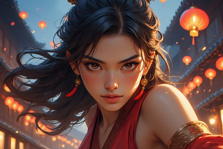 Portrait of a beautiful asian woman with long black hair.の素材