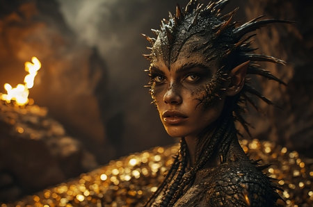 Fantasy portrait of a beautiful dragon woman in a cave full of gold.の素材
