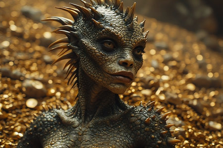 Image of a fantasy dragon woman in a cave full of gold. Fantasy dragon.の素材