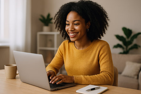 Smiling african american woman using laptop while sitting at homeの素材