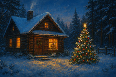 Christmas tree in front of a wooden house in the woods at nightの素材