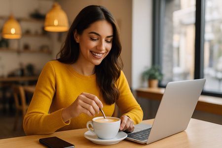 Smiling young woman using laptop while having coffee in cafe, copy spaceの素材