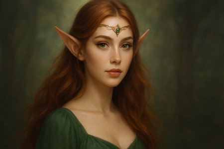 Portrait of a beautiful red-haired girl in a green dress with a crown on her headの素材