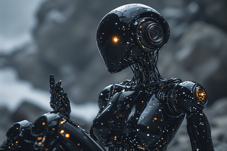 3D rendering of a female robot realizing she's a robotの素材