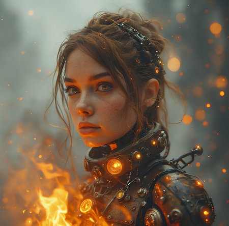 Portrait of a beautiful cyborg girl surrounded by fire and embersの素材