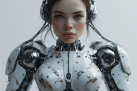 close-up portrait of futuristic female robot looking at camera isolated on greyの素材