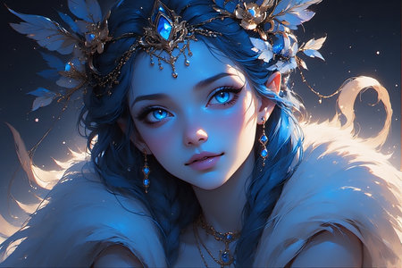 Portrait of a beautiful fairy girl with blue eyes. 3D rendering.の素材