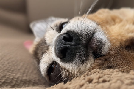 Dog's nose close-up on the background of a sofa.の素材