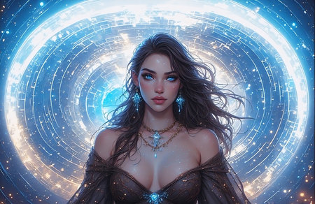 Portrait of a beautiful girl with long dark hair on a background of luminous circles.の素材