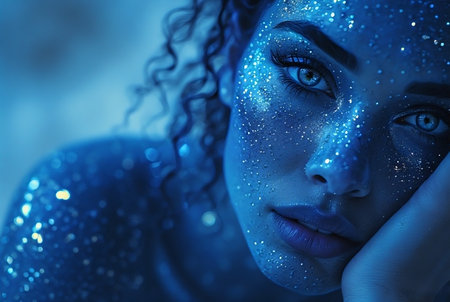 Close-up portrait of a beautiful young woman with blue makeup.の素材