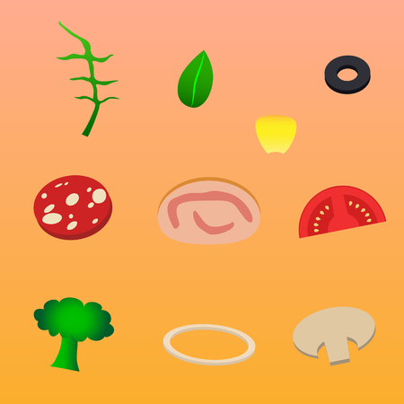 Ingredients for pizza onion mushroom ham rukola corn oliveのイラスト素材