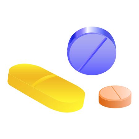 Mix of three different types of multicolored tablets, yellow, blue, orange, round and oval on a white backgroundのイラスト素材