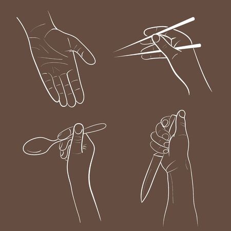 Hand hold a sticks for food, spoon, knife, show open palm. Gesture vector illustration in a outline styleのイラスト素材