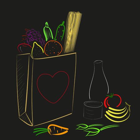 Food donation paper bag for homeless and pure people during quarantine. Vector concept illustration on black background in outline handdrawn styleのイラスト素材
