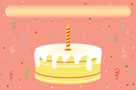Horizontal mockup for a party or birthday invitation, in pink colors with cake, candle, place for text, photo and confettiのイラスト素材