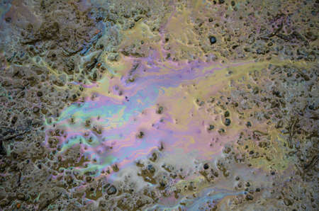 Oil stain, spilled on the road and turned into a multicolored puddle on wet asphalt, closeup photoの写真素材