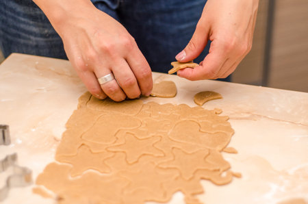 Female hands prepare festive gingerbread cookies for christmas, she rolled out dough and cut cookies...