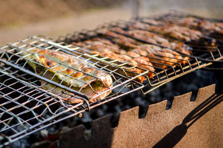 Juicy chicken meat and fish are fried on the grill with smoke, outside in spring sunny weatherの写真素材