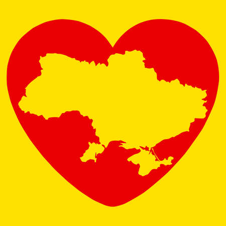 Ukrainian yellow map in the red heart. Ukraine in sorrow. Vector illustration, concept save Ukraine from russia and stop war.のイラスト素材