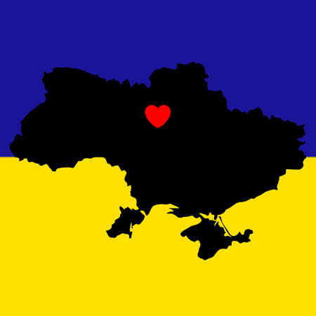 Ukrainian black map in the color of blue and yellow flag. Ukraine in sorrow. Heart in Kyiv and other big cities. Vector illustration, concept save Ukraine from russia and stop war.のイラスト素材