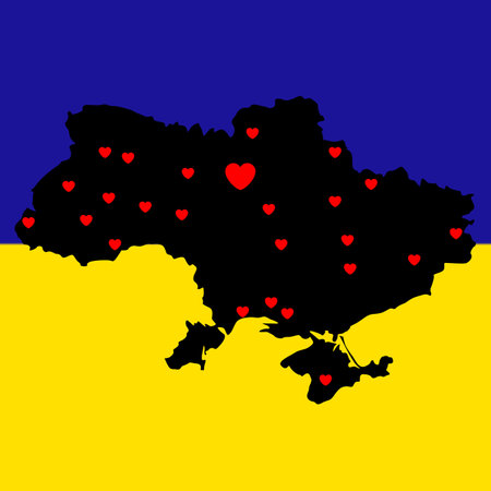 Ukrainian black map in the color of blue and yellow flag. Ukraine in mourning. Heart in Kyiv and other big cities. Vector illustration, concept save Ukraine from russia and stop war.のイラスト素材