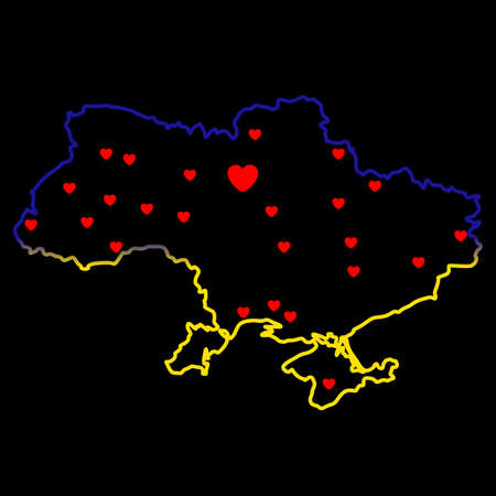 Ukrainian black outline map in color of blue and yellow flag. Ukraine in sorrow. Heart in Kyiv and other big cities. Vector illustration, concept save Ukraine from russia and stop war.のイラスト素材