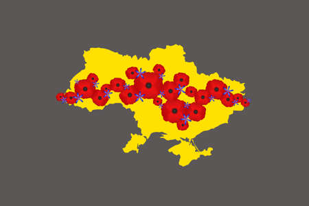 Map of Ukraine yellow on a gray background, with red and blue flowers along country, a symbol of victory and future prosperityのイラスト素材