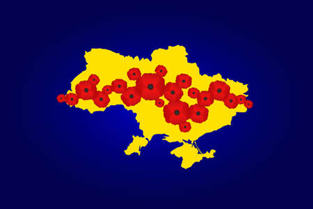 Map of Ukraine yellow on a blue background, with red poppies along the country, a symbol of victory and future prosperityのイラスト素材
