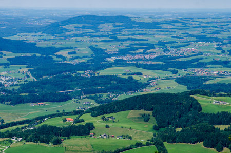 Beautiful scenic summer view of the city and country houses from the Gaisbergspitze observation deck in Salzburg, Austriaの写真素材