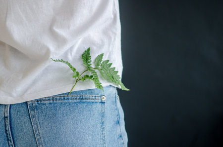 Young sprout of a green fern plant is placed in the back pocket of jeans of a young woman in a white shirt, on a black backgroundの写真素材