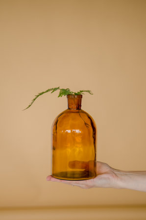 Female hand holding transparent orange bottle with a fresh fern leaf on brown background, minimalistic imageの写真素材