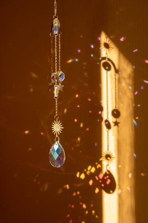 Glass suncatcher with metal golden chains, shining in sunlight and reflecting the rainbow on a...