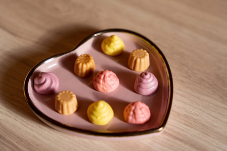 Pink multi colored gelatin candies in a heart shaped saucer on a beige wooden table with shadows...