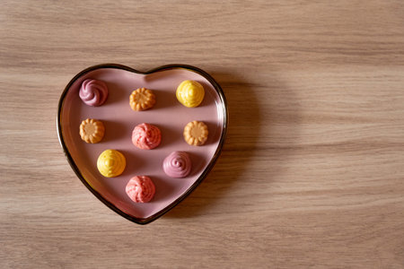 Pink multi colored gelatin candies in a heart shaped saucer on a beige wooden table with shadows from the sunlight, delicate color schemeの写真素材