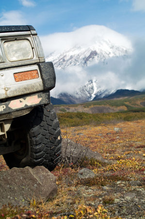 Four wheel drive driving through the mountains to vulcan