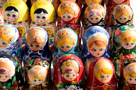 bright background from russian set of nesting dollsの写真素材