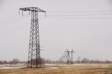 high-tension lines in autumn field