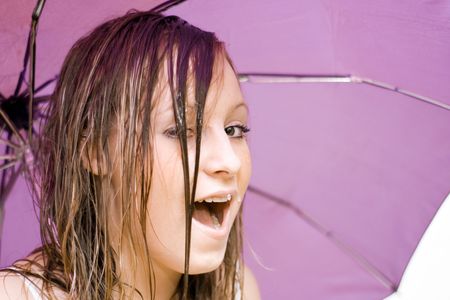 girl with umbrella on white backgroundの写真素材
