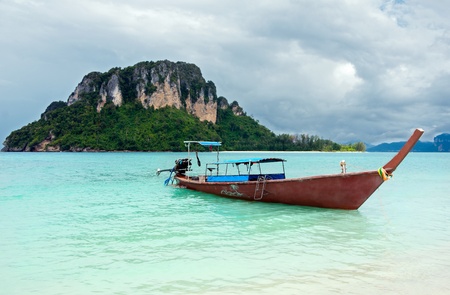 Tropical beach, traditional long tail boats, Andaman Sea, Thailand の写真素材