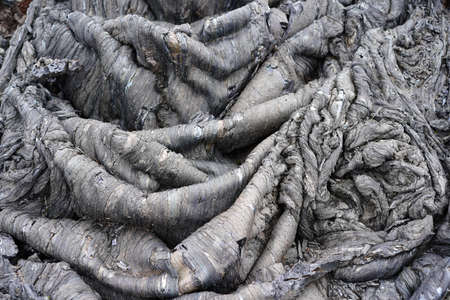 Smooth, undulating surface of black frozen lava. Frozen lava wrinkled in tapestry-like folds and rolls resembling twisted rope on Tolbachik volcano area, Kamchatka, Russiaの写真素材