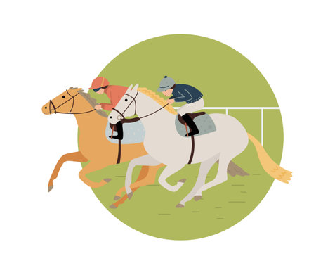 Two jockeys and horses compete on the finish lineのイラスト素材