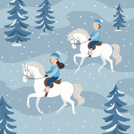 Girl riding a pony in a winter forestのイラスト素材